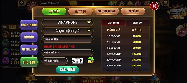 Biểu mẫu nạp tiền tại cổng game Xeng vip
