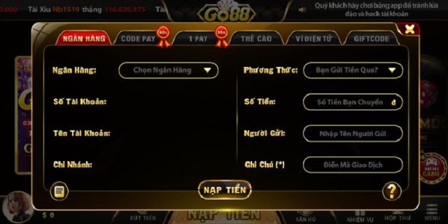 Biểu mẫu nạp tiền tại cổng game Go88 run