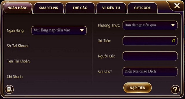 Giao diện nạp tiền tại cổng game Xanh99 club